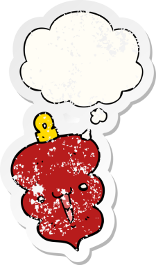 Düşünce baloncuğuyla süslenmiş karikatür Noel süslemesi bir insan tarafından çizilmiş yıpranmış bir çıkartma.