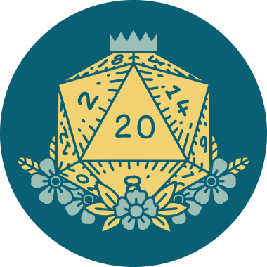 Retro Dövme Biçimi Doğal 20 D20 zar bir insan tarafından çizilmiş çiçek elementleriyle