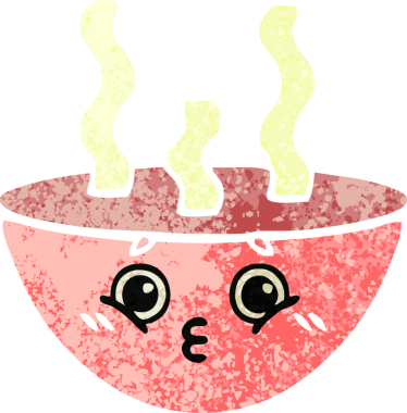 Bir insan tarafından çizilmiş sıcak bir çorba kasesinin retro çizim tarzı karikatürü.