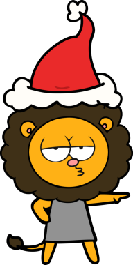 Bir insan tarafından çizilmiş Noel Baba şapkası takan sıkılmış bir aslanın el çizimi.