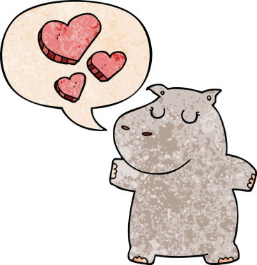 Çizgi film hipopotamları, bir insan tarafından çizilmiş eski dokudaki konuşma baloncuğuna aşık.