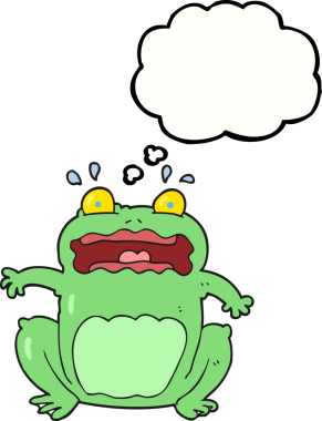 Serbest çizim düşünce balonu karikatürü komik korkmuş kurbağa bir insan tarafından çizilmiş.