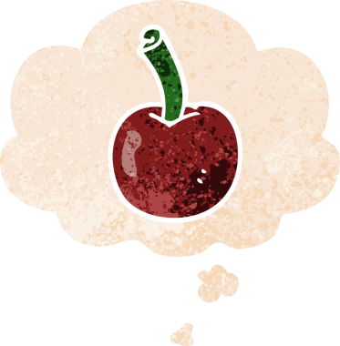 Düşünce baloncuğu ile çizgi film kirazı grunge sıkıntılı retro dokuma tarzı bir insan tarafından çizilmiş