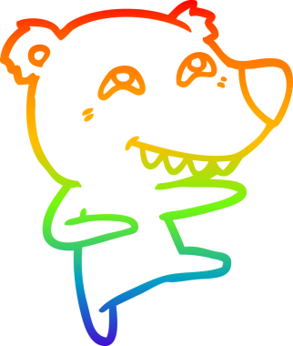 Bir insan tarafından çizilen dans sırasında dişlerini gösteren çizgi film ayısının çizimi.