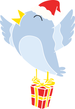 Bir insan tarafından çizilmiş Noel Baba şapkası takan bir kuşun düz renkli çizimi.