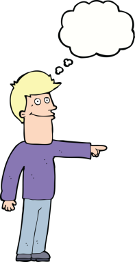 Bir insan tarafından çizilen düşünce baloncuğuyla işaret eden çizgi film adamı.