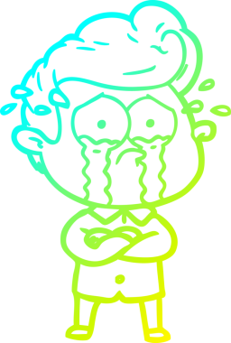 Bir insan tarafından çapraz kollarla çizilmiş ağlayan bir karikatür çizimi.