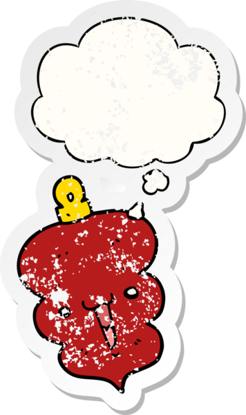 Düşünce baloncuğuyla süslenmiş karikatür Noel süslemesi bir insan tarafından çizilmiş yıpranmış bir çıkartma.