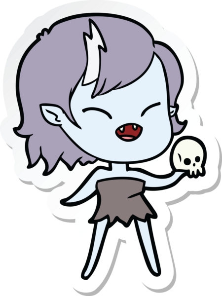 Bir insan tarafından çizilmiş kafatası olan gülen vampir bir kızın çıkartması.