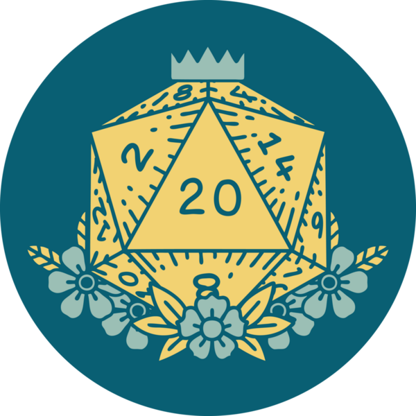 Retro Dövme Biçimi Doğal 20 D20 zar bir insan tarafından çizilmiş çiçek elementleriyle