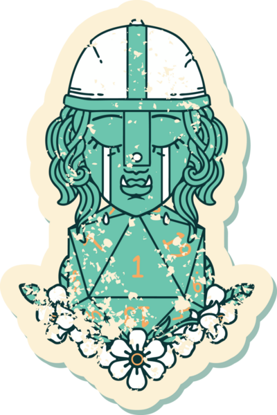 Retro Dövme Tarzı Ağlayan Ork Savaşçısı Karakteri Bir insan tarafından çizilmiş doğal bir D20 rulosu