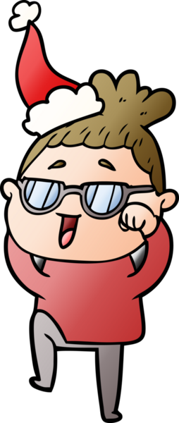 Bir insan tarafından çizilmiş Noel Baba şapkası takan mutlu bir kadının el çizimi karikatürü.