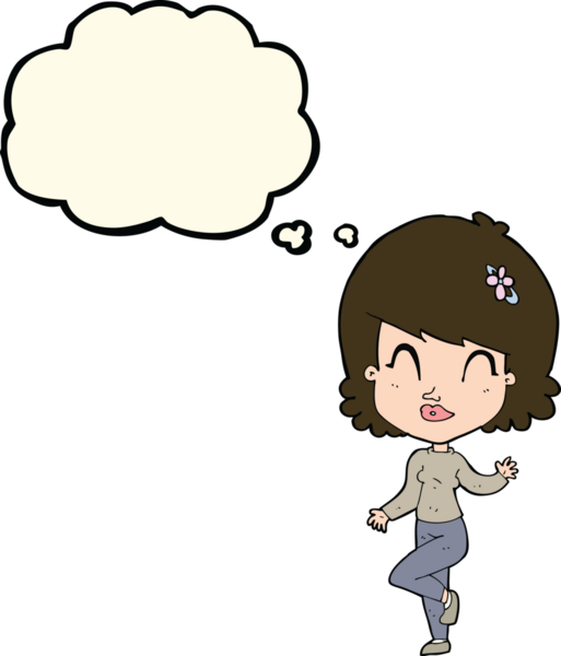 Bir insan tarafından çizilmiş düşünce baloncuğuyla dans eden güzel bir kadın.