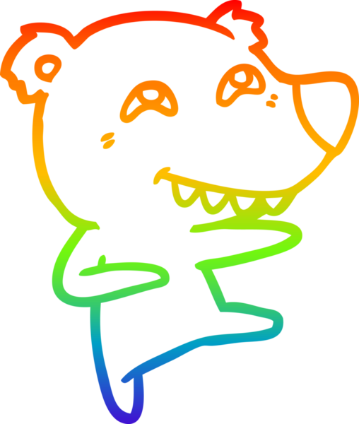 Bir insan tarafından çizilen dans sırasında dişlerini gösteren çizgi film ayısının çizimi.