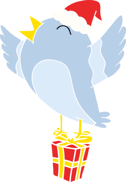 Bir insan tarafından çizilmiş Noel Baba şapkası takan bir kuşun düz renkli çizimi.