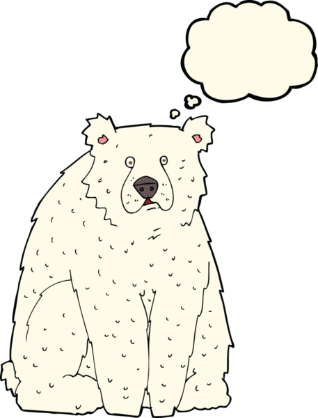 Bir insan tarafından çizilmiş düşünce baloncuklu komik kutup ayısı.