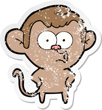 Bir insan tarafından çizilmiş üzgün bir çizgi film çıkartması. Şaşırmış bir maymun.