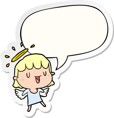 Bir insan tarafından çizilmiş baloncuk çıkartmalı şirin bir karikatür melek.