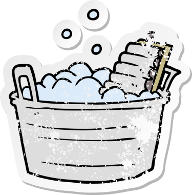 Bir insan tarafından çizilmiş eski bir çamaşır tahtası ve kova.