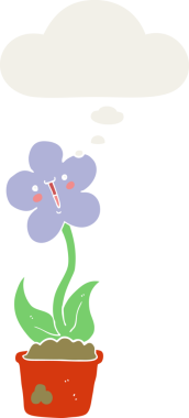 Bir insan tarafından çizilmiş düşünce baloncuğu olan sevimli bir karikatür çiçeği.