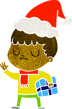 Bir insanın çizdiği Noel Baba şapkası giyen huysuz bir çocuğun el çizimi karikatürü.