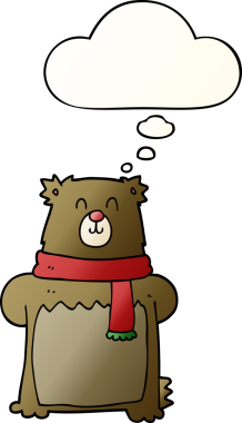 Bir insan tarafından çizilmiş yumuşak eğimli düşünce baloncuklu çizgi film ayısı.