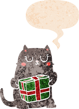 bir insan tarafından çizilmiş grunge sıkıntılı retro dokuma tarzı ile konuşma balonu ile çizgi film kedisi