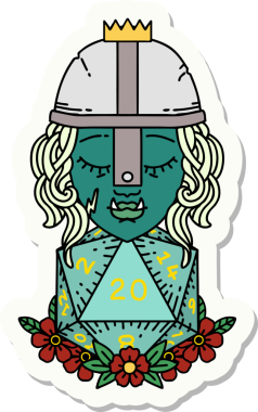 Bir insan tarafından çizilmiş 20 zarlı bir ork savaşçı karakterinin çıkartması.