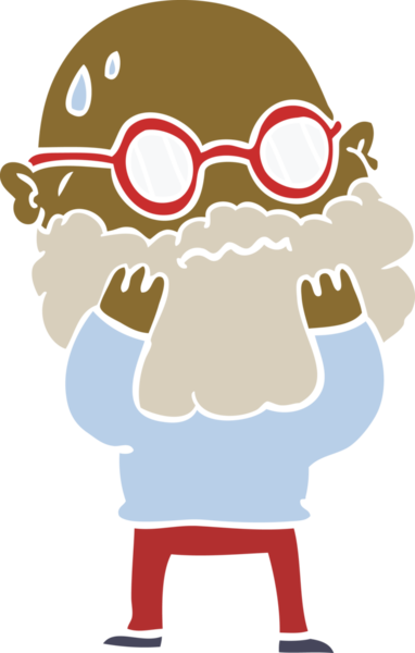 Düz renkli çizgi film. Sakallı ve gözlüklü endişeli bir adam. Bir insan çizmiş.