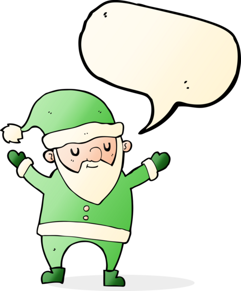 Bir insan tarafından çizilmiş konuşma balonuyla dans eden Noel Baba çizgi filmi.