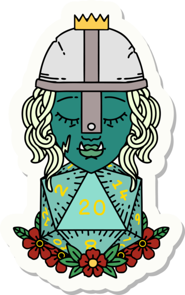 Bir insan tarafından çizilmiş 20 zarlı bir ork savaşçı karakterinin çıkartması.