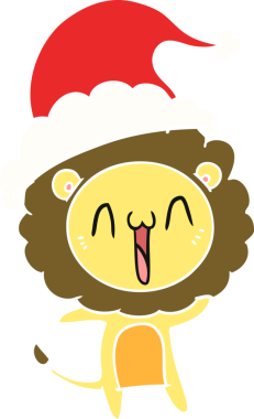 Bir insan tarafından çizilmiş Noel Baba şapkası takan bir aslanın düz renk çizimi.