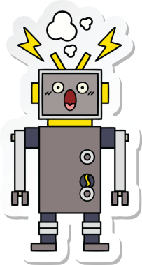 Bir insan tarafından çizilmiş arızalı sevimli bir robot karikatürü çıkartması.