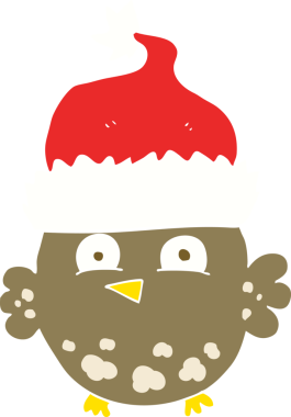 Bir insan tarafından çizilmiş Noel şapkası takan baykuşun düz renk çizimi