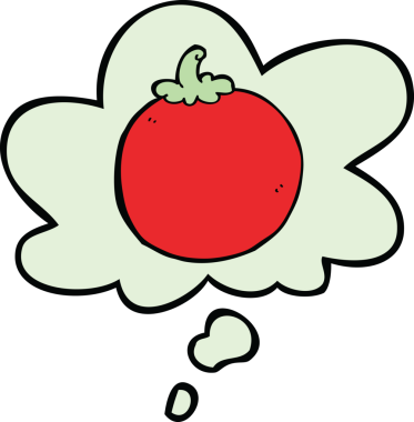 Bir insan tarafından çizilmiş düşünce baloncuklu domates.