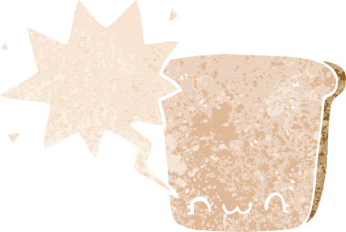 Bir insan tarafından çizilmiş, grunge dertli retro desenli konuşma baloncuklu bir ekmek dilimi.