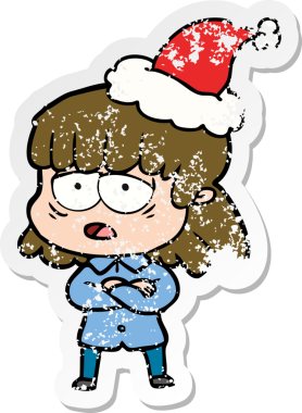 Bir insan tarafından çizilmiş Noel Baba şapkası giymiş yorgun bir kadının el çizimi karikatürü.