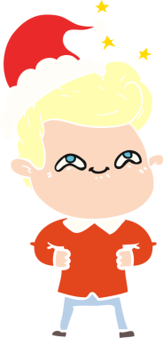 Bir insan tarafından çizilmiş Noel Baba şapkası giyen heyecanlı bir adamın düz renkli çizimi.