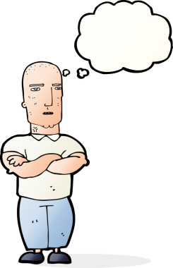 Bir insan tarafından çizilen düşünce baloncuğuyla kel bir adamı sinirlendiren çizgi film.