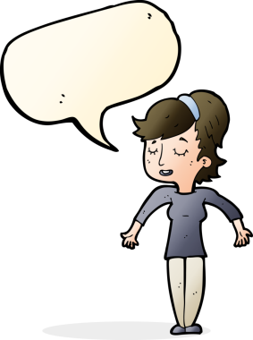 Bir insan tarafından çizilmiş konuşma baloncuğuyla omuz silken karikatür dostu kadın.