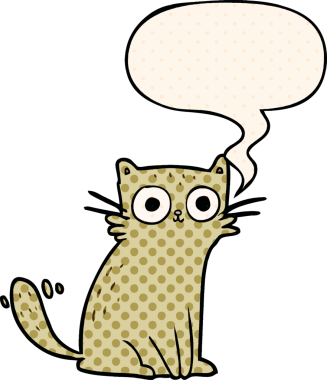 Bir insan tarafından çizilmiş çizgi roman tarzında konuşma baloncuğu olan çizgi film kedisi.