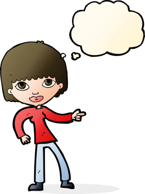 Bir insan tarafından çizilmiş düşünce balonuyla işaret eden çizgi film kadını.