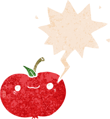 grunge ile konuşma balonu ile çizgi film elma sıkıntılı retro stil bir insan tarafından çizilmiş