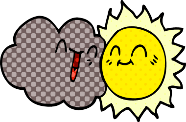 Bir insan tarafından çizilmiş mutlu güneş ve bulut karalaması.