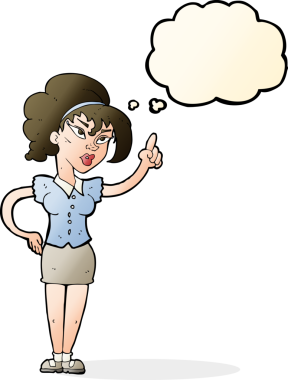 Bir insan tarafından çizilmiş düşünce baloncuğu fikri olan karikatür kadın.