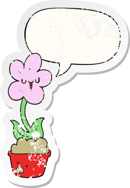 Konuşma baloncuğu olan sevimli bir karikatür çiçek bir insan tarafından çizilmiş sıkıntılı eski bir çıkartma