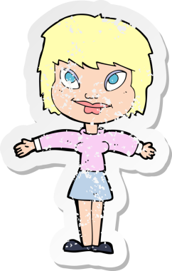 Bir insan tarafından çizilmiş açık amrlı bir çizgi film kadınının gerilimli retro yapıştırması