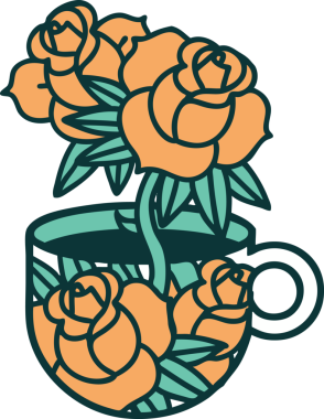 Bir fincan ve bir insan tarafından çizilmiş çiçeklerin ikonik dövme şekli