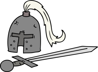 Bir insan tarafından çizilmiş ortaçağ miğferi ve kılıç karalaması.