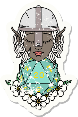 Retro Tattoo stili elf dövüşçüsü. Bir insan tarafından çizilmiş 20 zar ile.